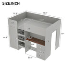 Full Size Wood Loft Bed with Built-in Wardrobe, Desk, Storage Shelves and Drawers, Beige