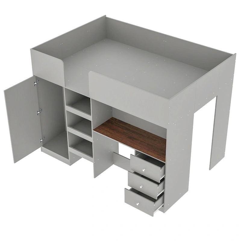 Full Size Wood Loft Bed with Built-in Wardrobe, Desk, Storage Shelves and Drawers, Beige