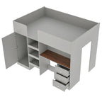 Full Size Wood Loft Bed with Built-in Wardrobe, Desk, Storage Shelves and Drawers, Beige