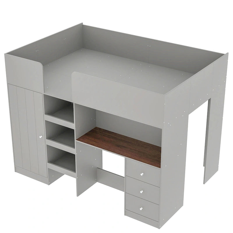 Full Size Wood Loft Bed with Built-in Wardrobe, Desk, Storage Shelves and Drawers, Beige