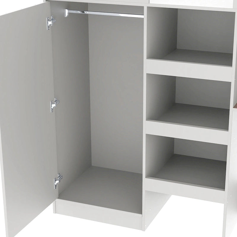 Full Size Wood Loft Bed with Built-in Wardrobe, Desk, Storage Shelves and Drawers, Beige