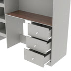 Full Size Wood Loft Bed with Built-in Wardrobe, Desk, Storage Shelves and Drawers, Beige