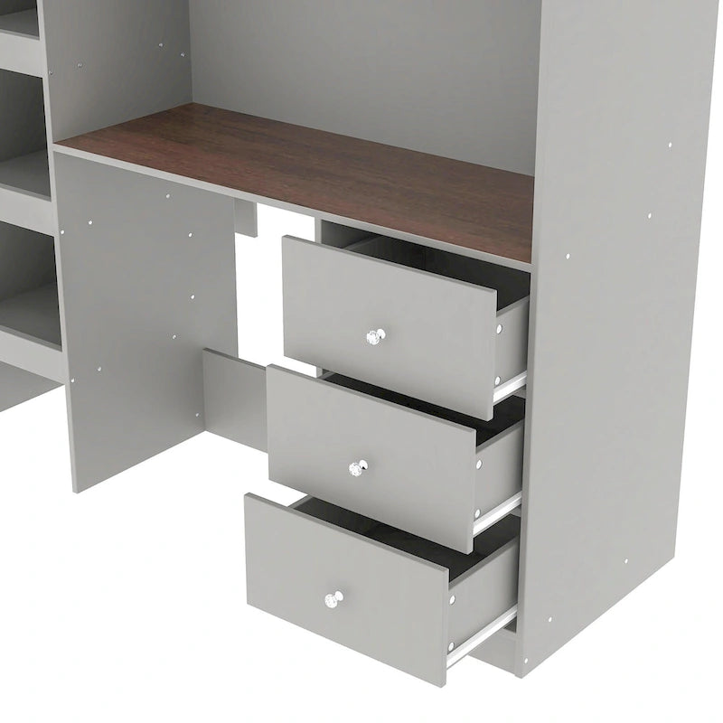 Full Size Wood Loft Bed with Built-in Wardrobe, Desk, Storage Shelves and Drawers, Beige