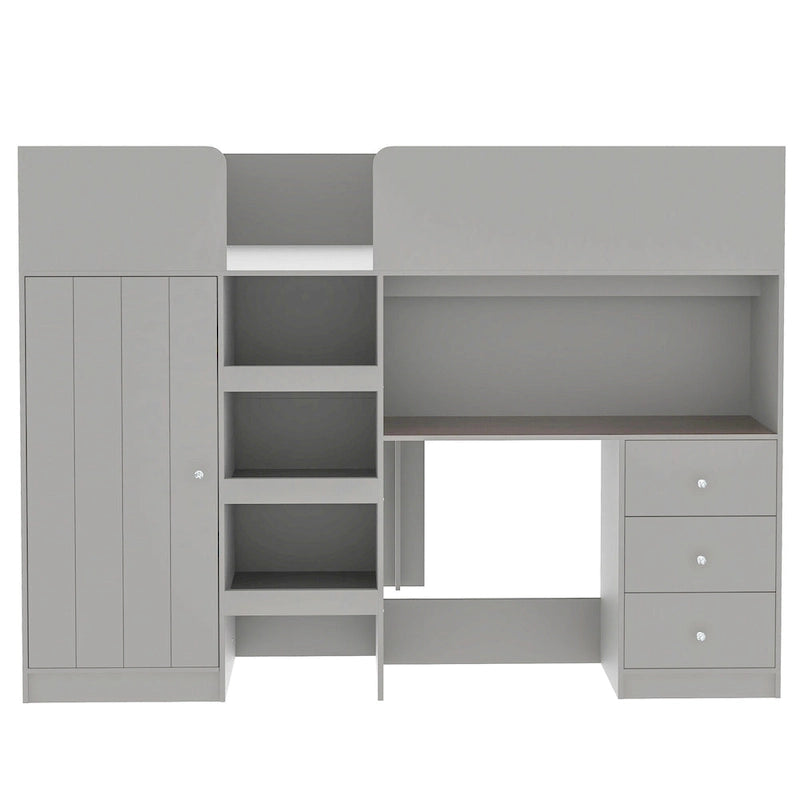 Full Size Wood Loft Bed with Built-in Wardrobe, Desk, Storage Shelves and Drawers, Beige