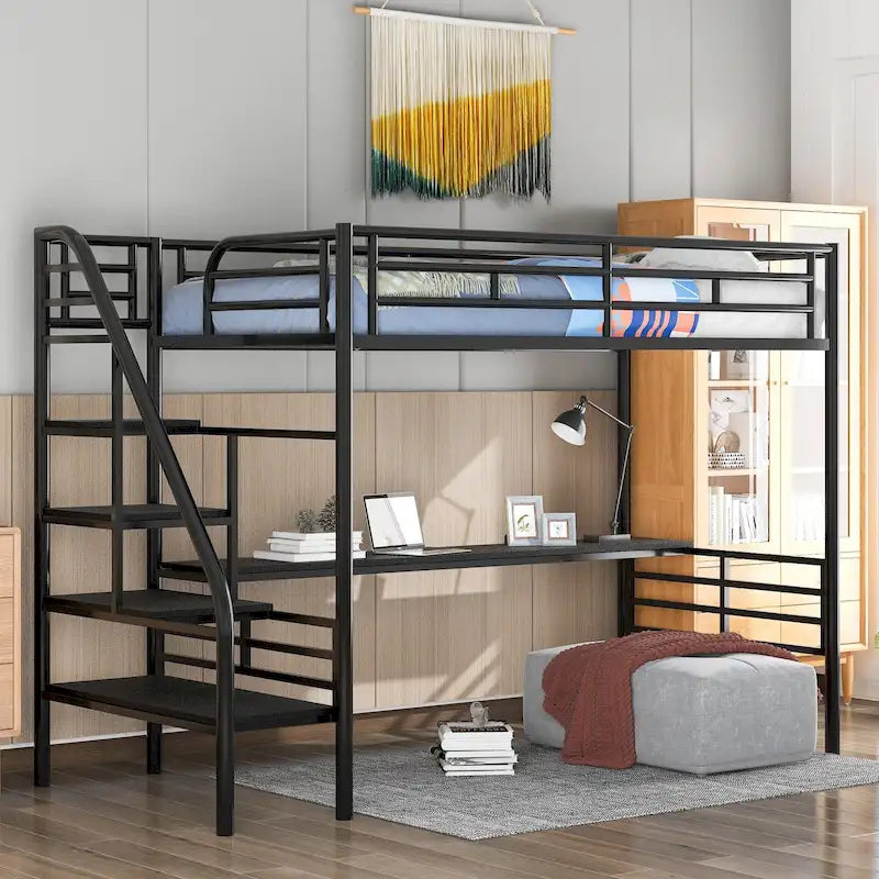 Twin Size Metal Kids Loft Bed with Desk & Guardrail and Ladder, Metal Slats Support No Box Spring Needed for Kids