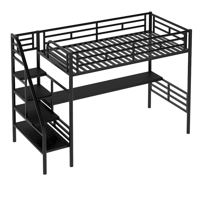 Twin Size Metal Kids Loft Bed with Desk & Guardrail and Ladder, Metal Slats Support No Box Spring Needed for Kids