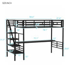 Twin Size Metal Kids Loft Bed with Desk & Guardrail and Ladder, Metal Slats Support No Box Spring Needed for Kids