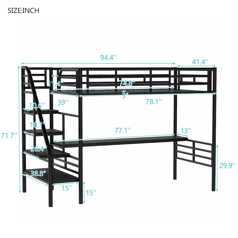 Twin Size Metal Kids Loft Bed with Desk & Guardrail and Ladder, Metal Slats Support No Box Spring Needed for Kids
