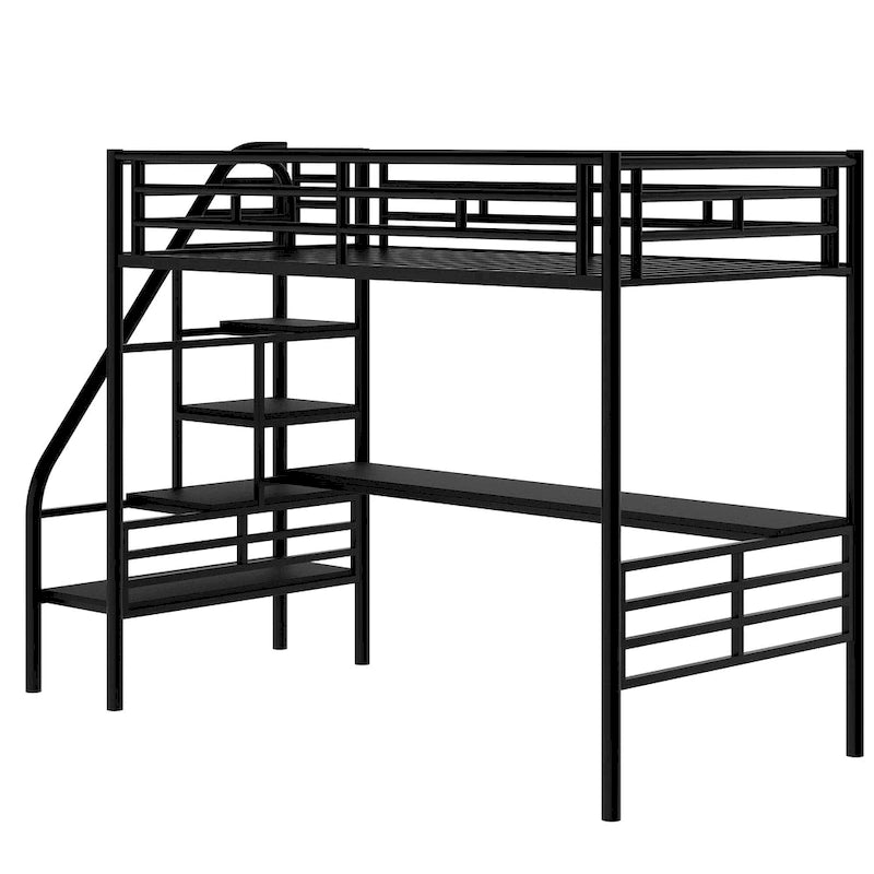 Twin Size Metal Kids Loft Bed with Desk & Guardrail and Ladder, Metal Slats Support No Box Spring Needed for Kids