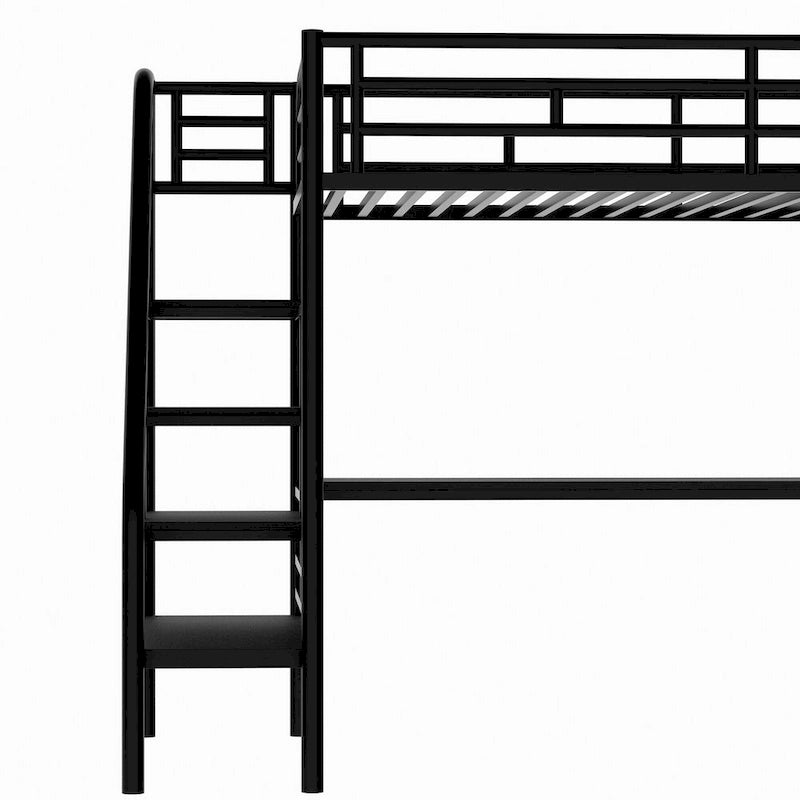 Twin Size Metal Kids Loft Bed with Desk & Guardrail and Ladder, Metal Slats Support No Box Spring Needed for Kids