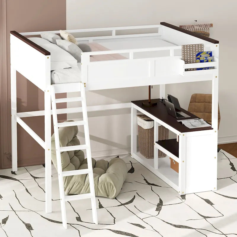 Queen Size Loft Bed with Desk,Open Shelf and a Storage Box,USB Charging Station, White