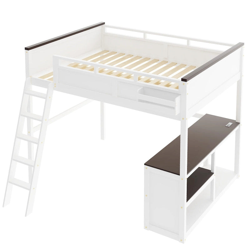 Queen Size Loft Bed with Desk,Open Shelf and a Storage Box,USB Charging Station, White
