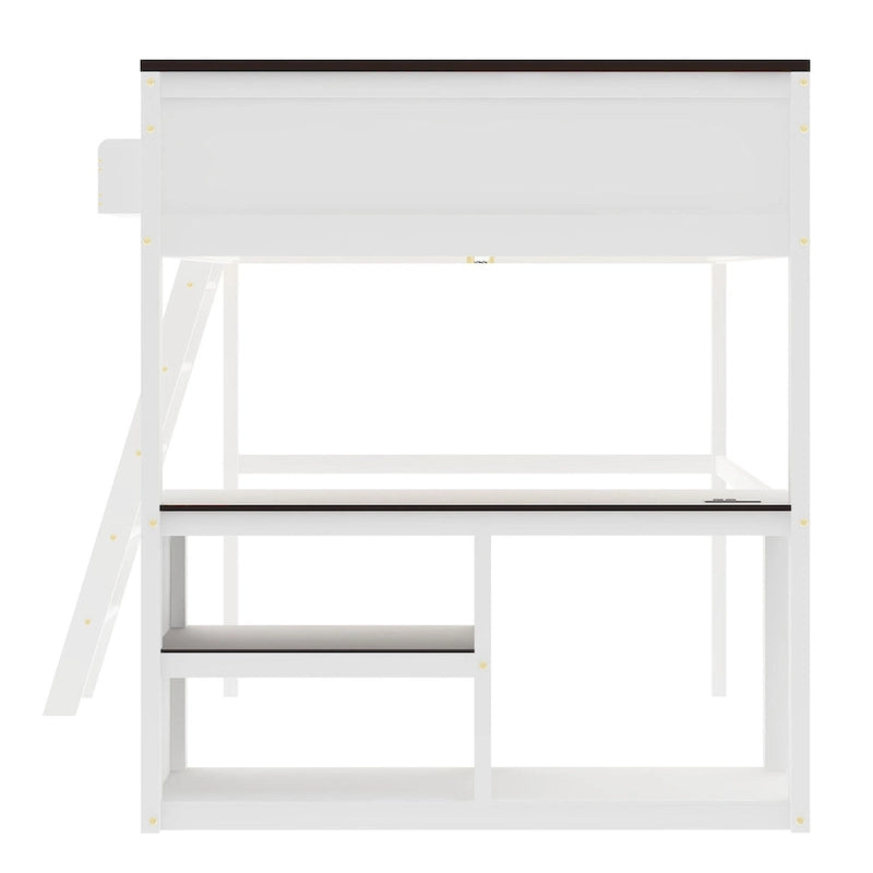 Queen Size Loft Bed with Desk,Open Shelf and a Storage Box,USB Charging Station, White