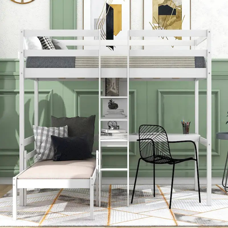 Convertible Wood Loft Bed with L-Shape Desk, Twin Bunk Bed Frame with Slats Support, Shelves and Ladder, No Box Spring Needed