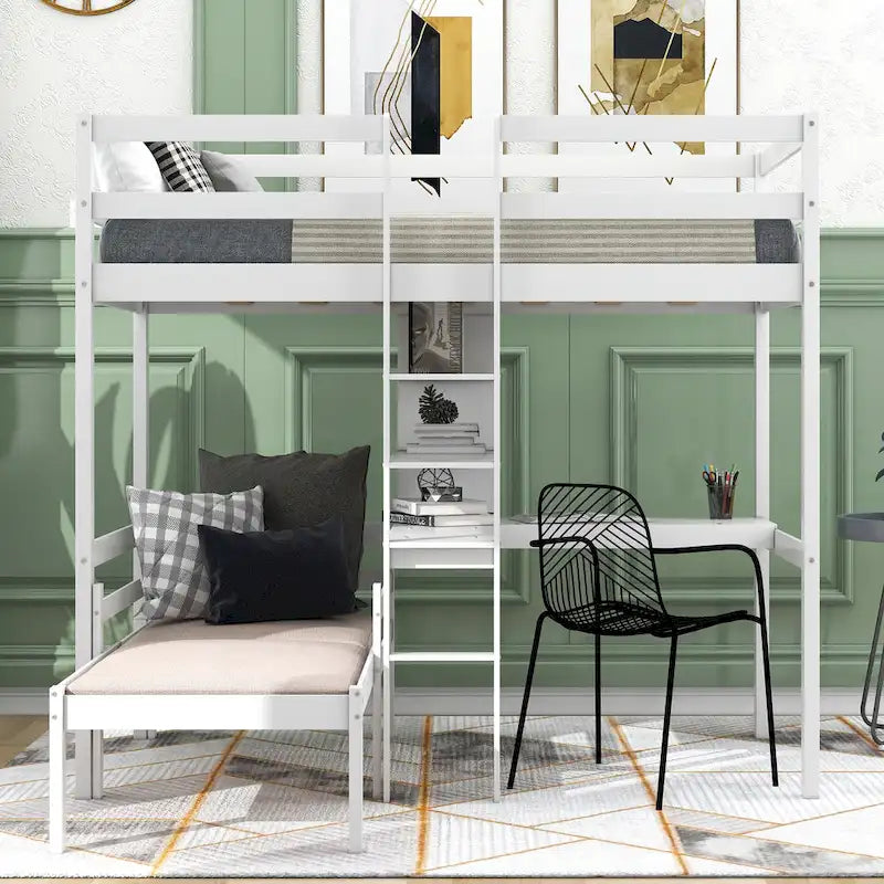 Convertible Wood Loft Bed with L-Shape Desk, Twin Bunk Bed Frame with Slats Support, Shelves and Ladder, No Box Spring Needed