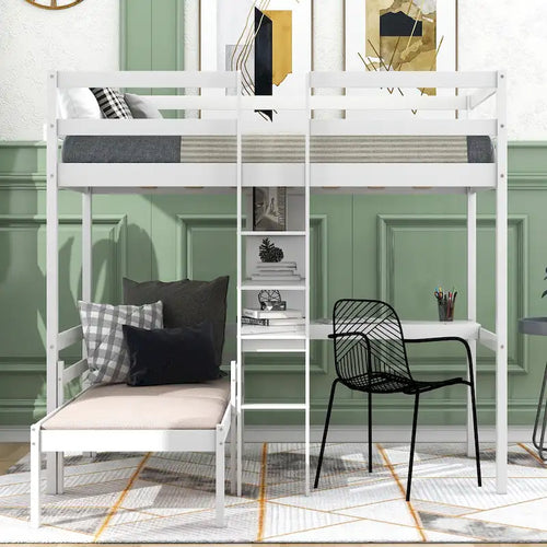 Convertible Wood Loft Bed with L-Shape Desk, Twin Bunk Bed Frame with Slats Support, Shelves and Ladder, No Box Spring Needed
