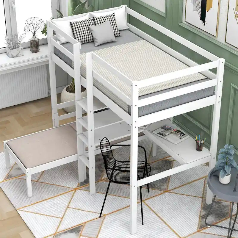 Convertible Wood Loft Bed with L-Shape Desk, Twin Bunk Bed Frame with Slats Support, Shelves and Ladder, No Box Spring Needed