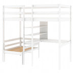 Convertible Wood Loft Bed with L-Shape Desk, Twin Bunk Bed Frame with Slats Support, Shelves and Ladder, No Box Spring Needed