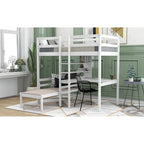 Convertible Wood Loft Bed with L-Shape Desk, Twin Bunk Bed Frame with Slats Support, Shelves and Ladder, No Box Spring Needed