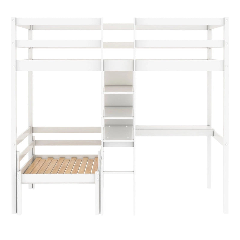 Convertible Wood Loft Bed with L-Shape Desk, Twin Bunk Bed Frame with Slats Support, Shelves and Ladder, No Box Spring Needed