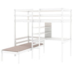 Convertible Wood Loft Bed with L-Shape Desk, Twin Bunk Bed Frame with Slats Support, Shelves and Ladder, No Box Spring Needed
