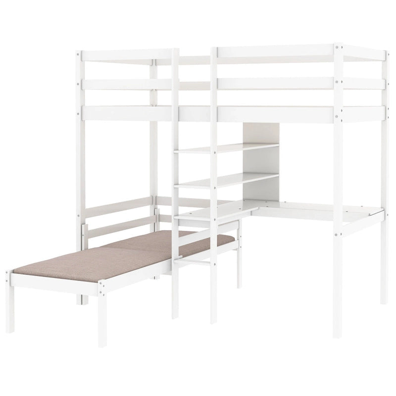 Convertible Wood Loft Bed with L-Shape Desk, Twin Bunk Bed Frame with Slats Support, Shelves and Ladder, No Box Spring Needed