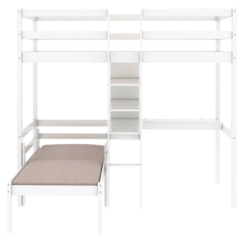 Convertible Wood Loft Bed with L-Shape Desk, Twin Bunk Bed Frame with Slats Support, Shelves and Ladder, No Box Spring Needed