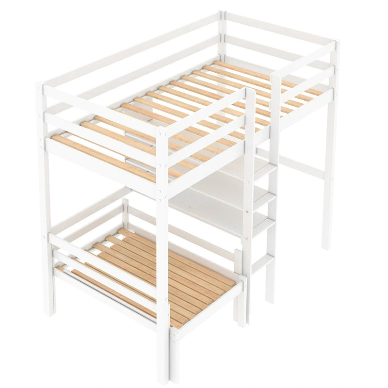 Convertible Wood Loft Bed with L-Shape Desk, Twin Bunk Bed Frame with Slats Support, Shelves and Ladder, No Box Spring Needed