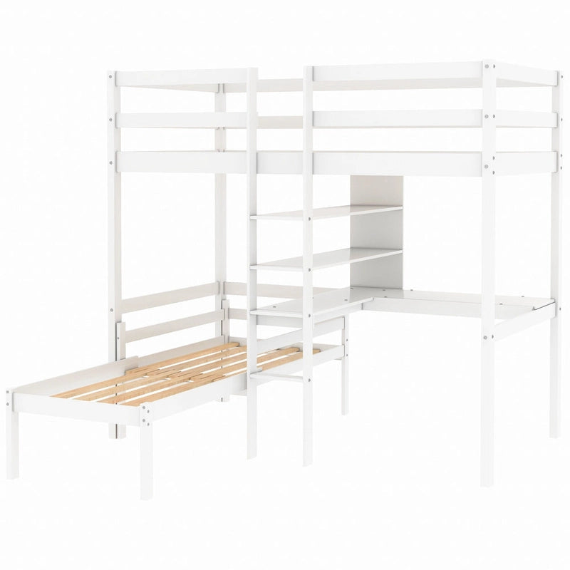 Convertible Wood Loft Bed with L-Shape Desk, Twin Bunk Bed Frame with Slats Support, Shelves and Ladder, No Box Spring Needed