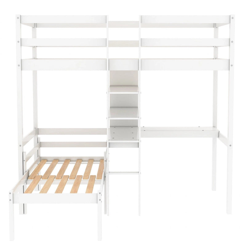 Convertible Wood Loft Bed with L-Shape Desk, Twin Bunk Bed Frame with Slats Support, Shelves and Ladder, No Box Spring Needed