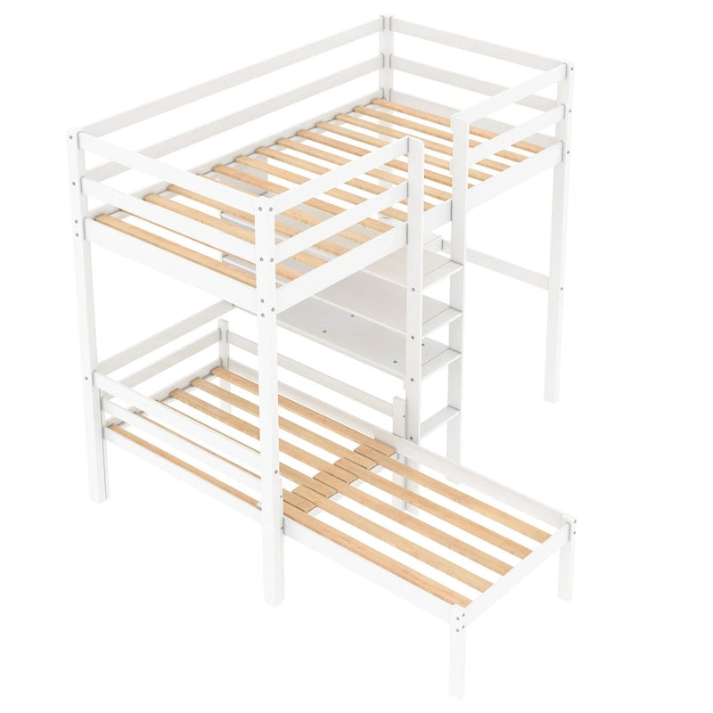 Convertible Wood Loft Bed with L-Shape Desk, Twin Bunk Bed Frame with Slats Support, Shelves and Ladder, No Box Spring Needed