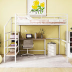 Metal Kids Loft Bed Frame, Under Bed with Desk and Storage Shelves, Lateral Storage Ladder & Slatted Guardrails