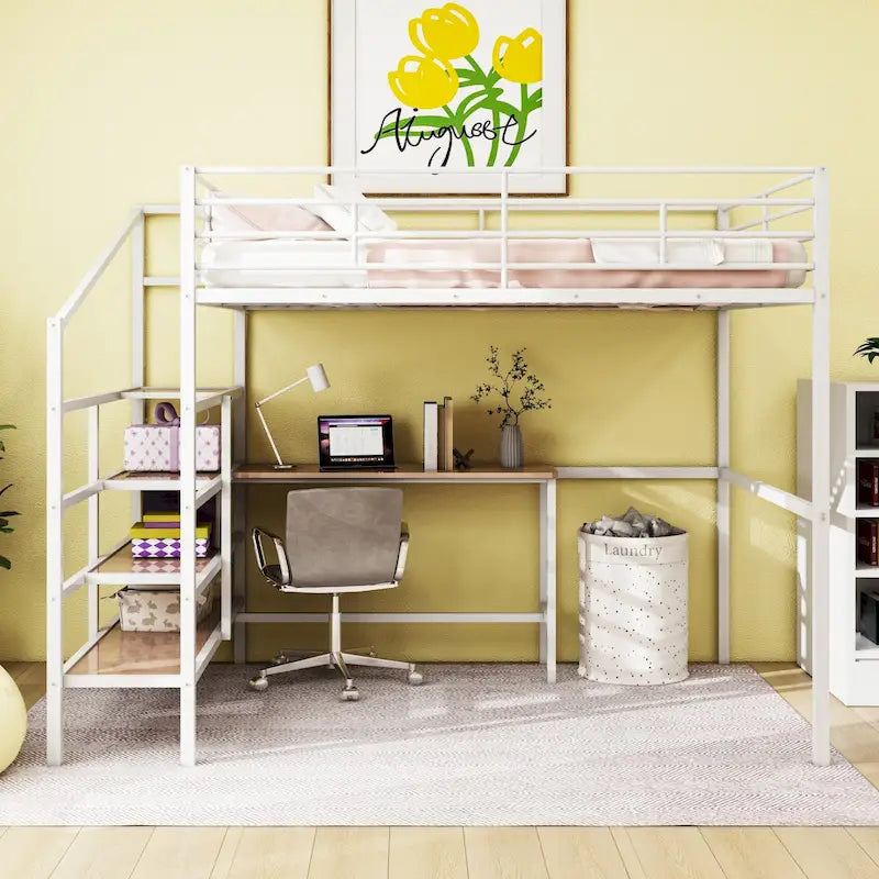 Metal Kids Loft Bed Frame, Under Bed with Desk and Storage Shelves, Lateral Storage Ladder & Slatted Guardrails