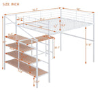 Metal Kids Loft Bed Frame, Under Bed with Desk and Storage Shelves, Lateral Storage Ladder & Slatted Guardrails