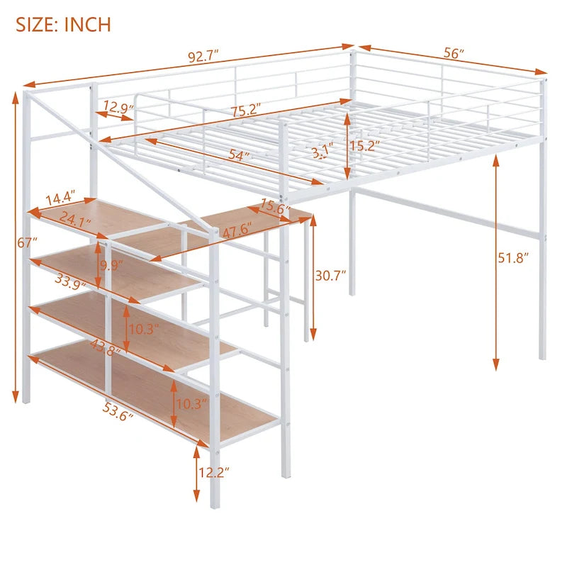 Metal Kids Loft Bed Frame, Under Bed with Desk and Storage Shelves, Lateral Storage Ladder & Slatted Guardrails