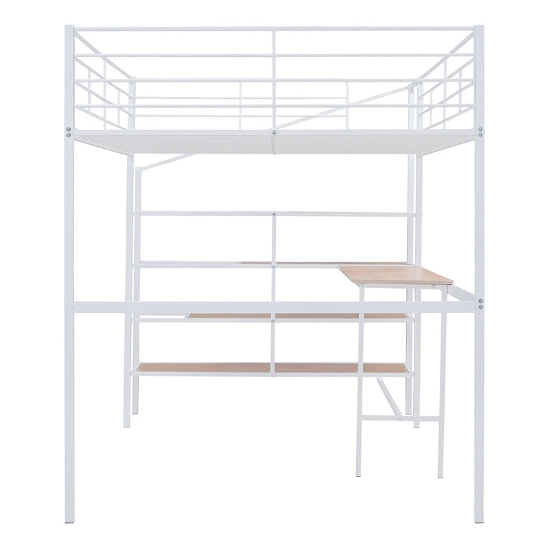 Metal Kids Loft Bed Frame, Under Bed with Desk and Storage Shelves, Lateral Storage Ladder & Slatted Guardrails