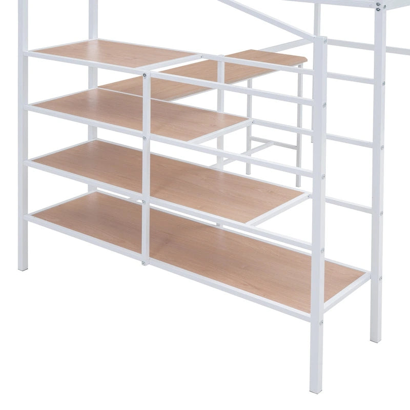 Metal Kids Loft Bed Frame, Under Bed with Desk and Storage Shelves, Lateral Storage Ladder & Slatted Guardrails