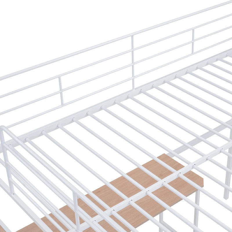 Metal Kids Loft Bed Frame, Under Bed with Desk and Storage Shelves, Lateral Storage Ladder & Slatted Guardrails