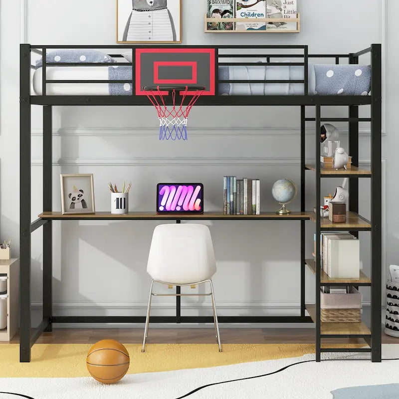 Black Heavy Duty Loft Bed with Desk and Basketball Hoop, Metal Loft Bed Frame with Storage Shelves for Kids, Teens -Twin Size
