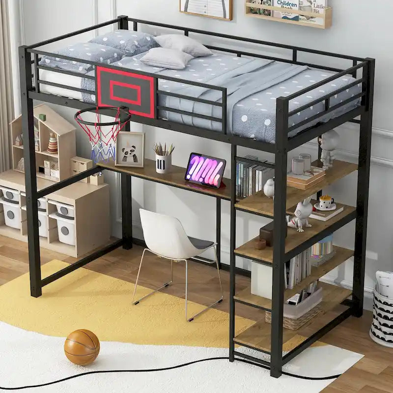 Black Heavy Duty Loft Bed with Desk and Basketball Hoop, Metal Loft Bed Frame with Storage Shelves for Kids, Teens -Twin Size