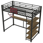 Black Heavy Duty Loft Bed with Desk and Basketball Hoop, Metal Loft Bed Frame with Storage Shelves for Kids, Teens -Twin Size