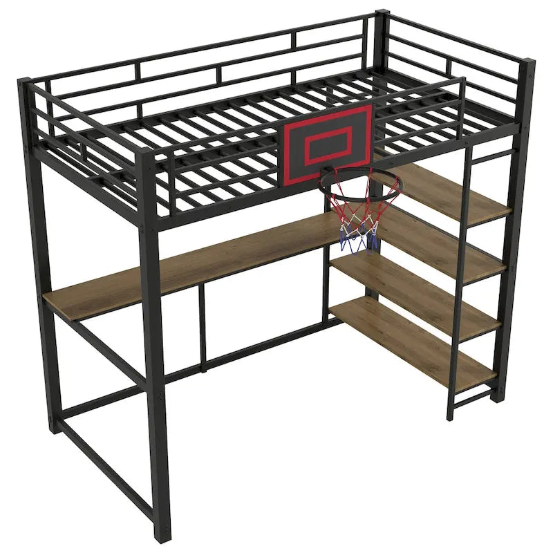 Black Heavy Duty Loft Bed with Desk and Basketball Hoop, Metal Loft Bed Frame with Storage Shelves for Kids, Teens -Twin Size