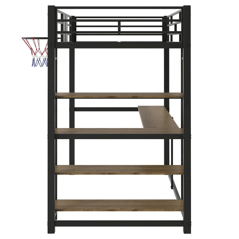 Black Heavy Duty Loft Bed with Desk and Basketball Hoop, Metal Loft Bed Frame with Storage Shelves for Kids, Teens -Twin Size