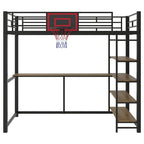 Black Heavy Duty Loft Bed with Desk and Basketball Hoop, Metal Loft Bed Frame with Storage Shelves for Kids, Teens -Twin Size