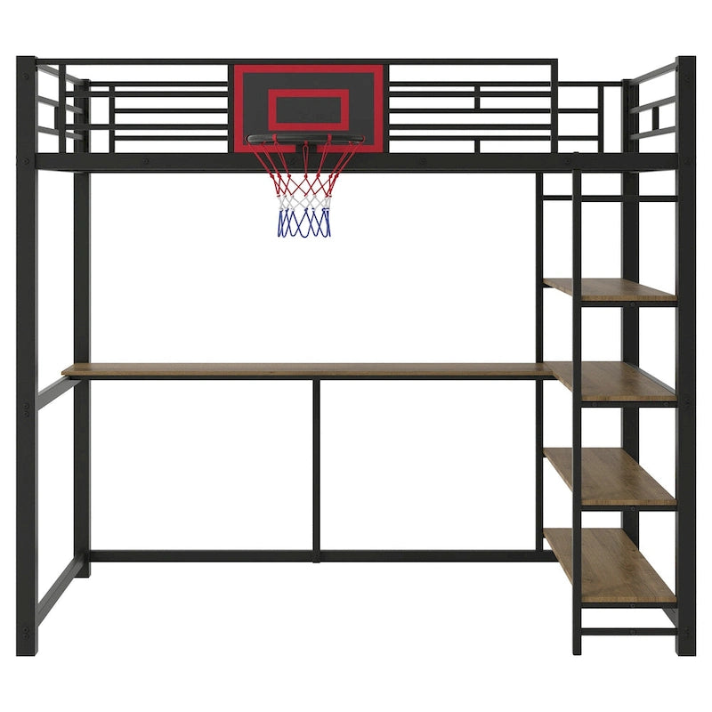 Black Heavy Duty Loft Bed with Desk and Basketball Hoop, Metal Loft Bed Frame with Storage Shelves for Kids, Teens -Twin Size