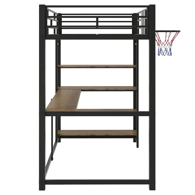 Black Heavy Duty Loft Bed with Desk and Basketball Hoop, Metal Loft Bed Frame with Storage Shelves for Kids, Teens -Twin Size