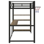 Black Heavy Duty Loft Bed with Desk and Basketball Hoop, Metal Loft Bed Frame with Storage Shelves for Kids, Teens -Twin Size