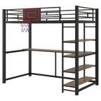 Black Heavy Duty Loft Bed with Desk and Basketball Hoop, Metal Loft Bed Frame with Storage Shelves for Kids, Teens -Twin Size