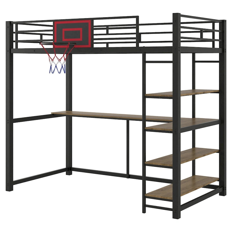 Black Heavy Duty Loft Bed with Desk and Basketball Hoop, Metal Loft Bed Frame with Storage Shelves for Kids, Teens -Twin Size
