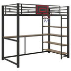 Black Heavy Duty Loft Bed with Desk and Basketball Hoop, Metal Loft Bed Frame with Storage Shelves for Kids, Teens -Twin Size